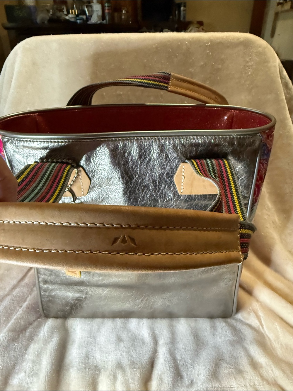 Consuela Apollo Metallic Silver Tote with Multicolor Striped Handles - Picture 8 of 10